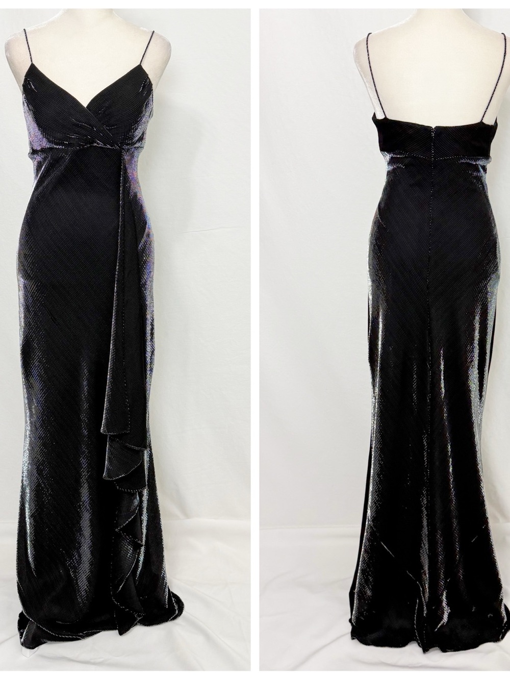 Vintage Y2K Black and Silver Metallic Spaghetti-Strap Prom Dress